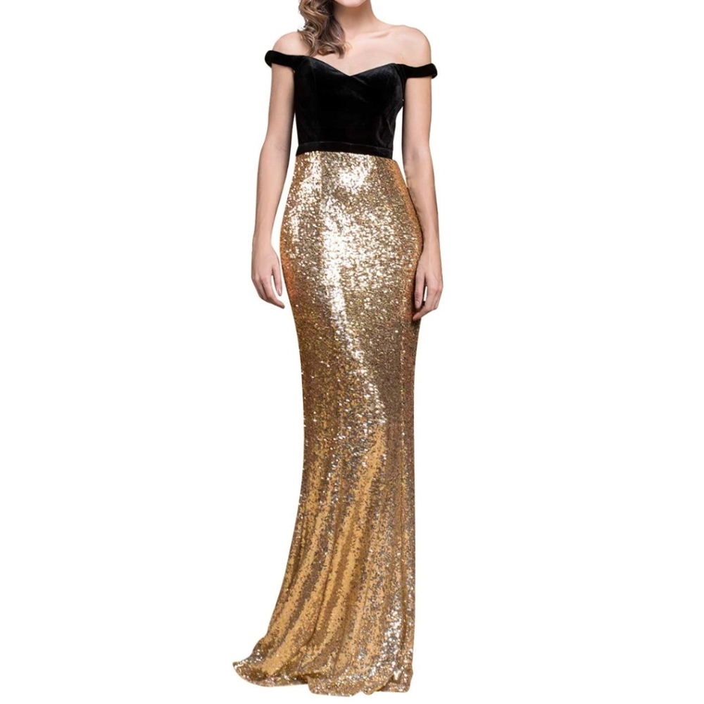 Andrea & Leo Black Velvet and Gold Sequin Off Shoulder Mermaid Gown